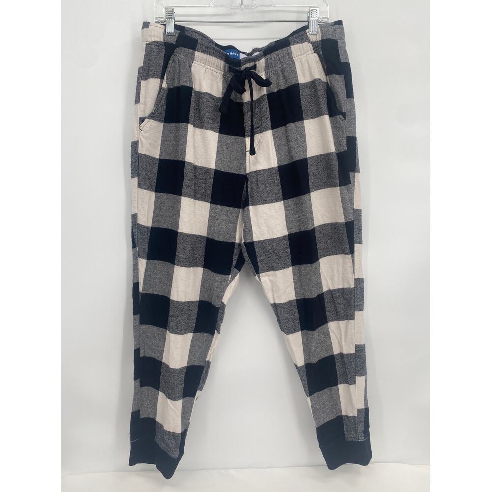 Old Navy black white plaid jogger pants Elastic Waist Tie Pockets Women's Large